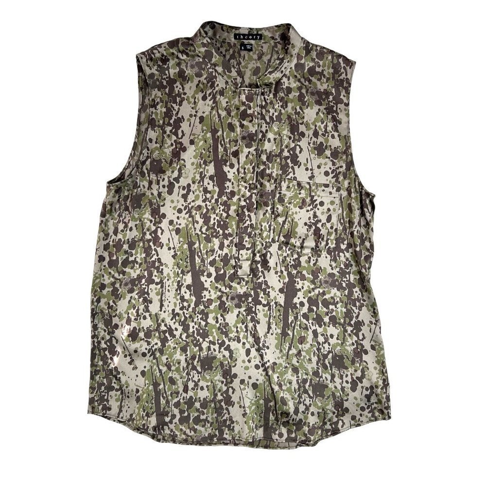 Theory Womens Silk Camouflage Blouse Small Green Placket Front Sleeveless Soft